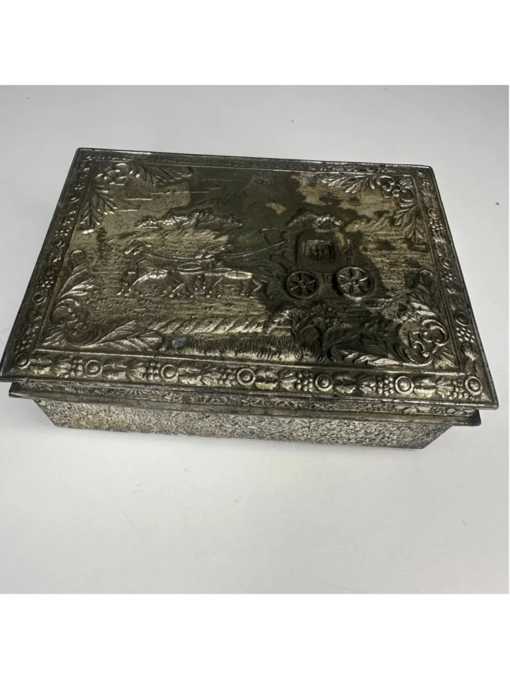 Vintage Embossed Metal & Wood Horse & Carriage Trinket / Cigarette Box (Japan)